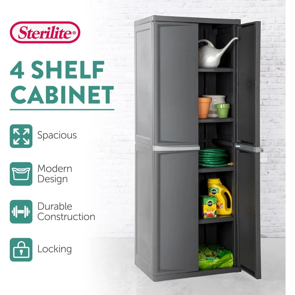 4 shelf cabinet, lockable utility storage w/ adjustable shelves, gray - plastic shelving unit for organizing garage, pantry, ba