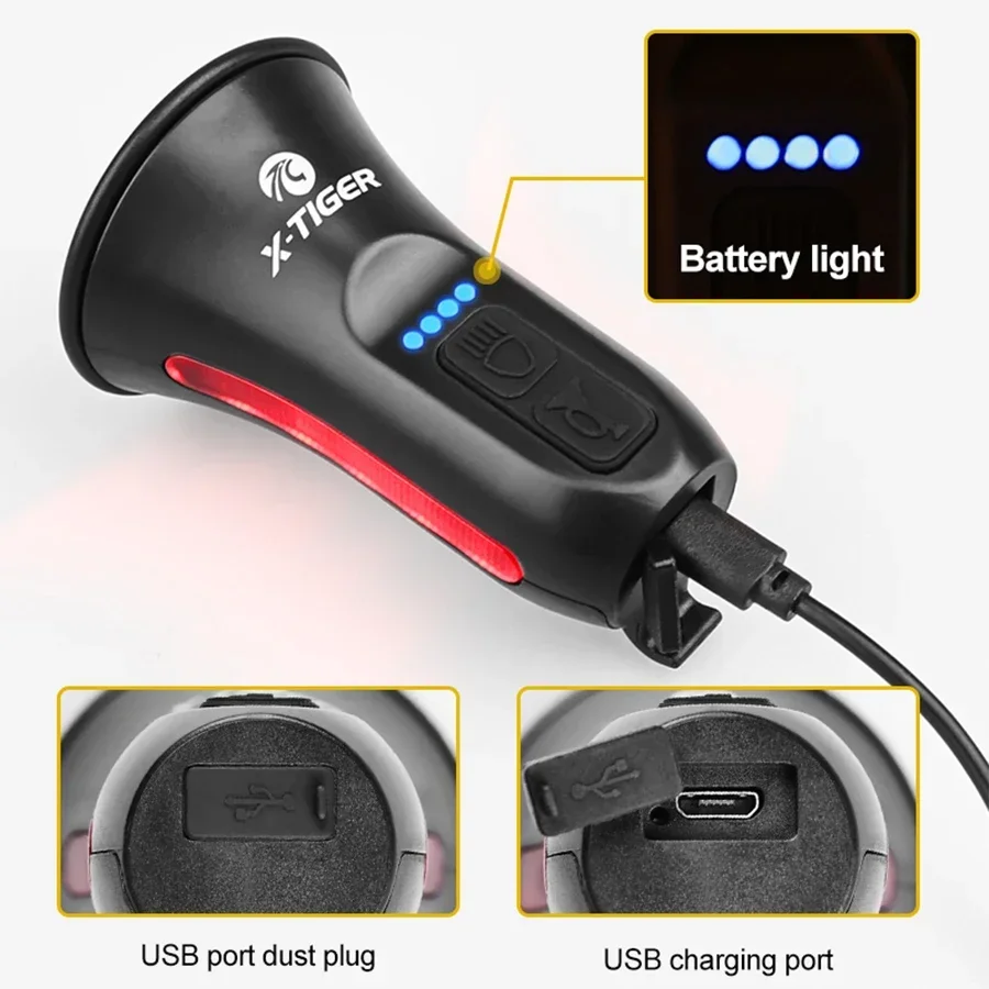 Bicycle horn X-TIGER electronic lighted warning siren 6-hour battery life for road and mountain bikes