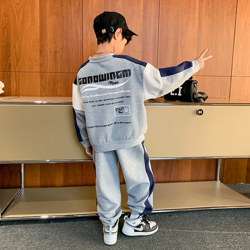 Spring Autumn Boys Contrast Alphabet Sweatshirt+Sweatpant School Kids 2PCS Tracksuit Child Jogger Outfit Workout Set 5-16Yr