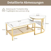 Ensemble Comanlia de 2 tables basses modernes avec pieds en métal doré, aspect marbre, table d'appoint en bois pour salon et chambre à coucher 5
