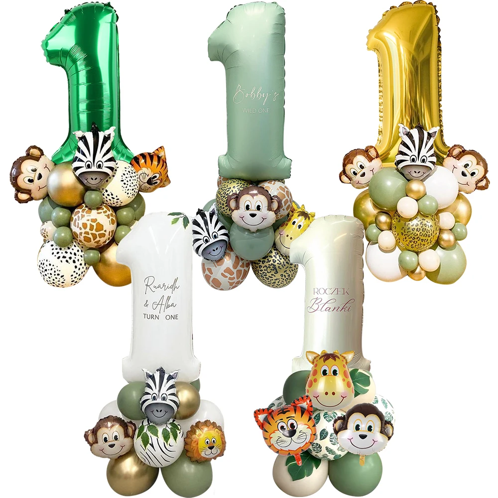 

Carton Animal Balloons Tower with Foil Number Balloon For Kids Wild One Jungle Safari Happy Birthday Party Decoration DIY Gifts