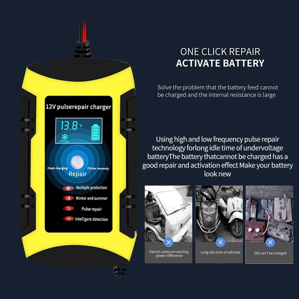 Car Battery Charger Full Automatic 12V 6A Intelligent Fast Charging Pulse Repair Charger for Agm Gel Wet Lead Acid Lcd Display