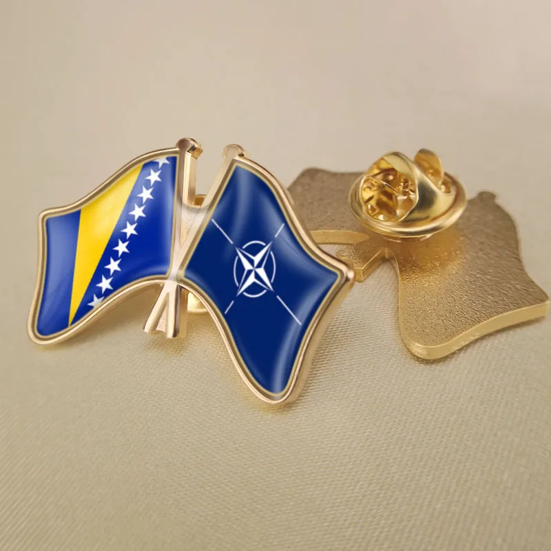 

Bosnia and Herzegovina and NATO North Atlantic Treaty Organization Crossed Double Friendship Flags Lapel Pins Brooch Badges