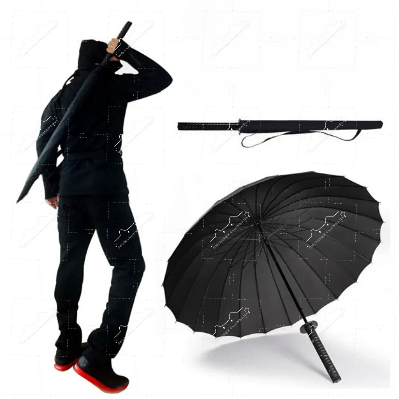 Standard 8/16/24 Bone Japanese Katana Umbrella Black Removable Handle Automatic Long Handle Rainproof Samurai Sword Automatic Umbrella, Japanese Umbrella