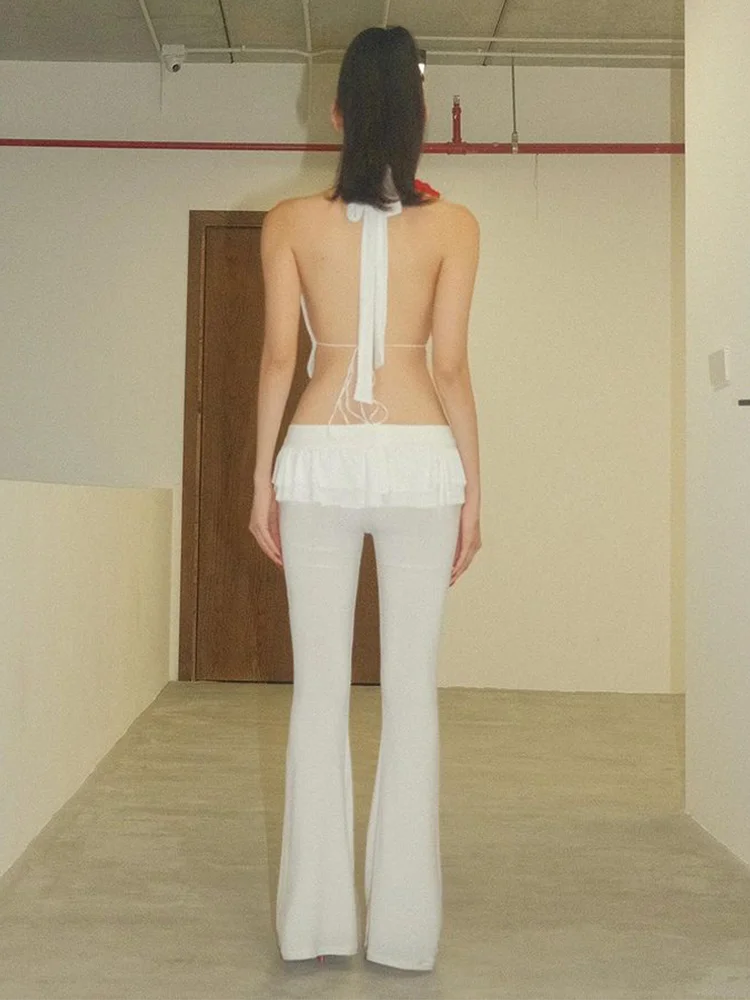 Absobe Solid Bow Lacing Patchwork Double Layer Ruffles Flare Pants Women Mid Rise Slim Trousers Hottie Y2K Fashion Streetwear