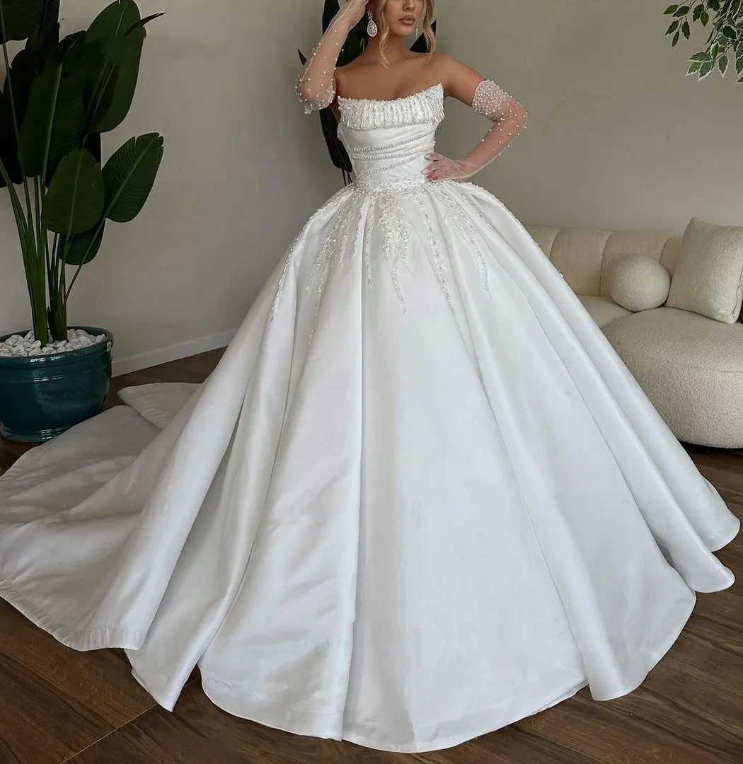 

Luxury Pearls Wedding Dresses Strapless Appliques Sequins Satin Bridal Ball Gowns Custom Made Vestidos De Novia