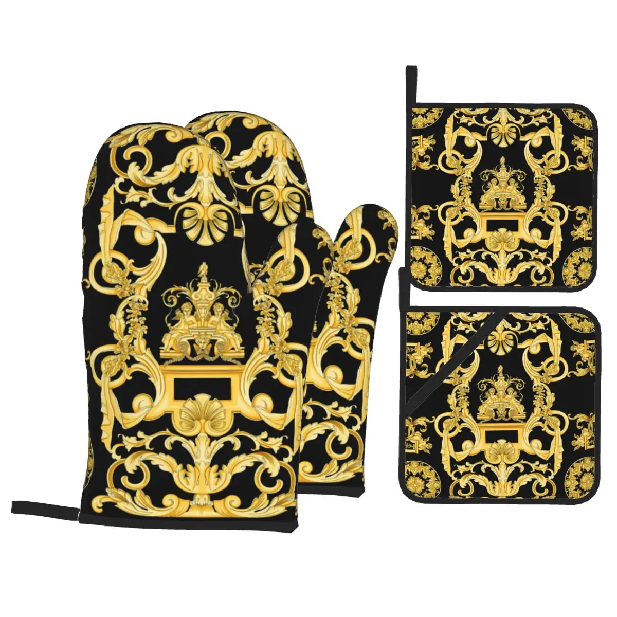 Silicone Oven Gloves Luxury Golden Europe Floral Oven Mitts and Pot Holders Sets of 4 for Baking Heat Resistant Baroque BBQ Kitchen Gloves Potholders silicone oven mitts,kitchen gloves,silicone oven gloves
