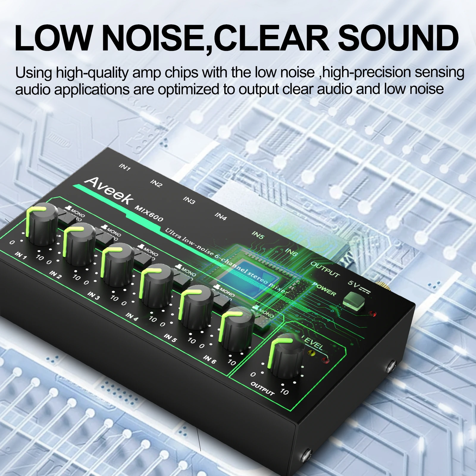 Aveek 6 Channel Mixer-Mini 6 Stereo Audio Mixer, Low-Noise for Precision Sub-Mixing,1/4" TRS Input/Output Ideal for Mics
