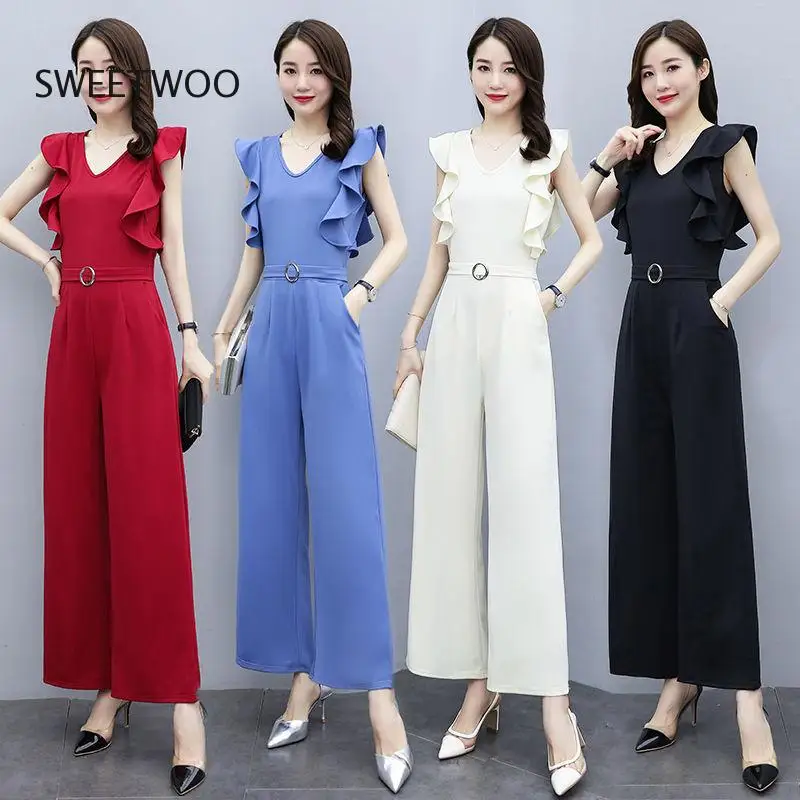 Wide Leg Jumpsuit Women Elegance Summer Clothing 2022 New Ruffles Sleeveless Top V-Neck Slim Fashion Red Bodysuit Party Rompers