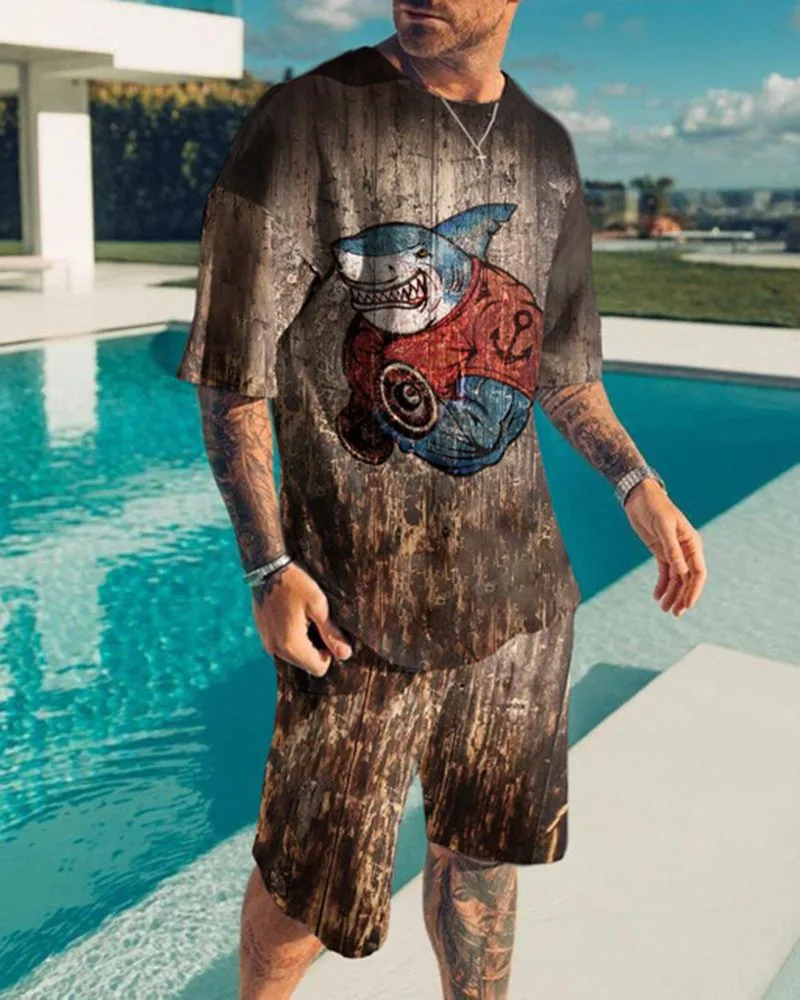 

Summer Men's O-Neck Short Sleeves+Shorts Beach Breeze Animal 3d Printed Pattern Fashion Leisure Loose T-Shirt Set Sports Suit