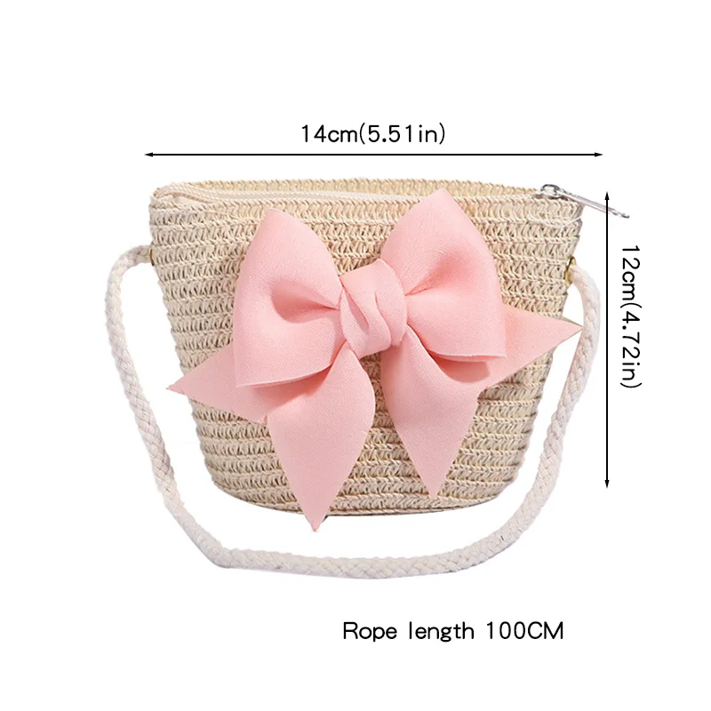 New Pink Bow Girl Bags Zipper Woven Straw Kids Princess Messenger Bags Outdoor Travel Keys Candy Crossbody Bags 6