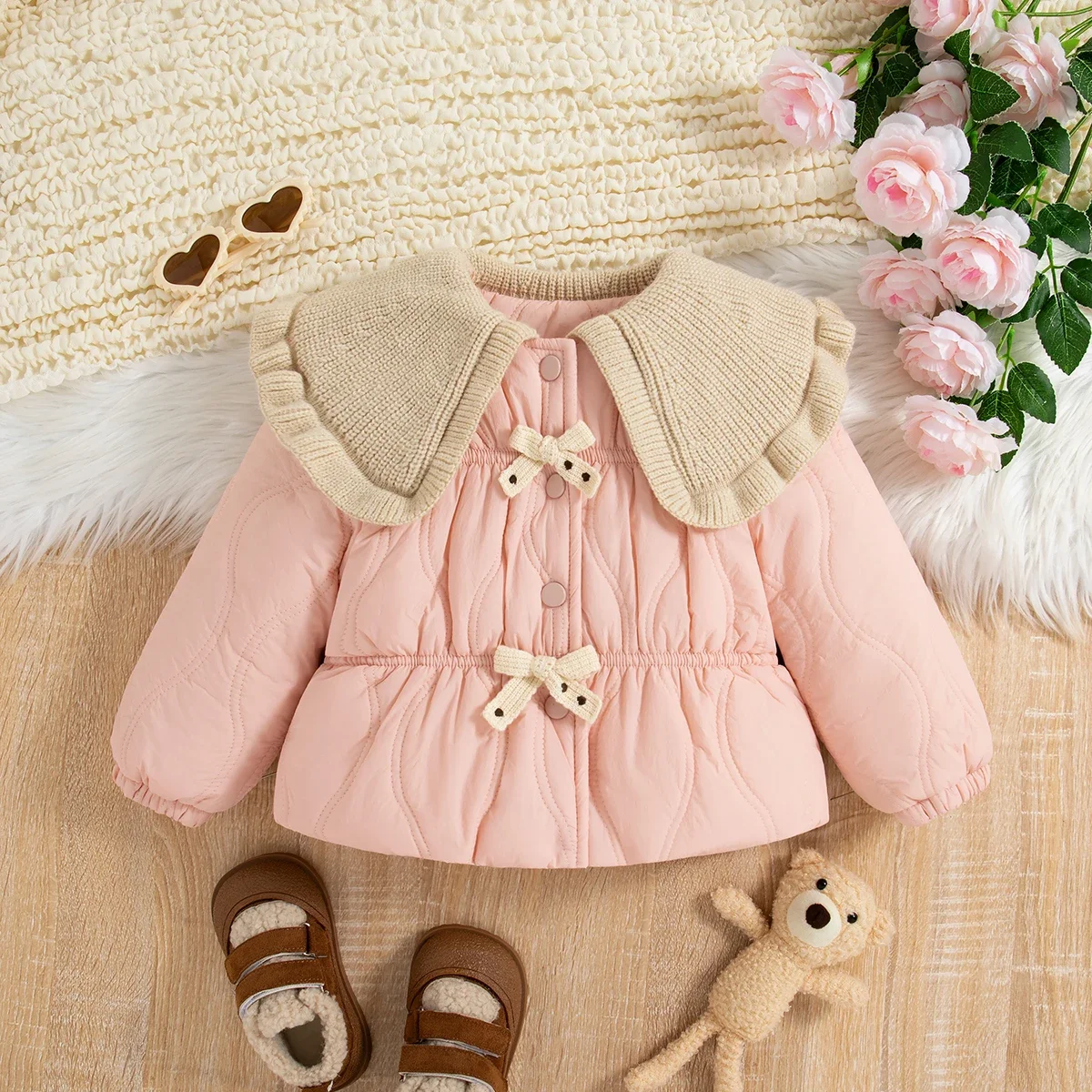 Winter New Girls Turned Cotton-padded Clothes Bow Silk Lead Button Solid Color Wave Texture Plus Cashmere Thick Coat for Baby