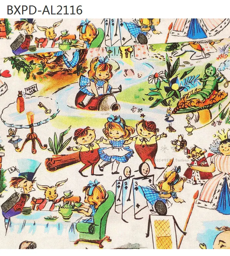 A16 Alice Collection-BTY 1 Yard Cotton Woven Fabric-Retro Cartoon Characters, Mr Rabbit Poker Cat Queen of hearts girl