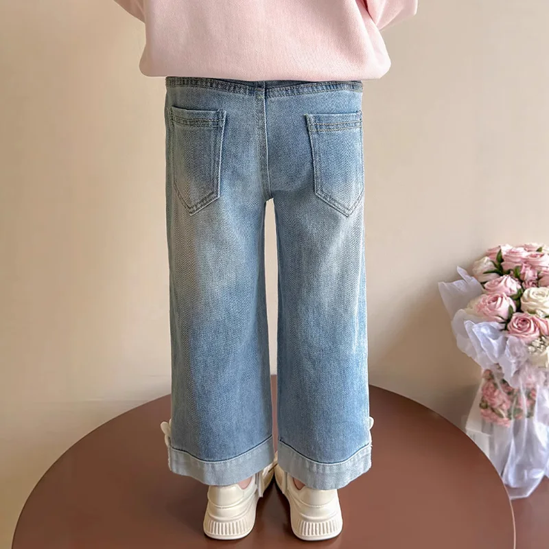 여아 캐주얼 데님 바지 부드러운 면 키즈 청바지 봄 가을 루즈핏 바지 사랑스러운 데일리룩 아동용 90cm-140cm