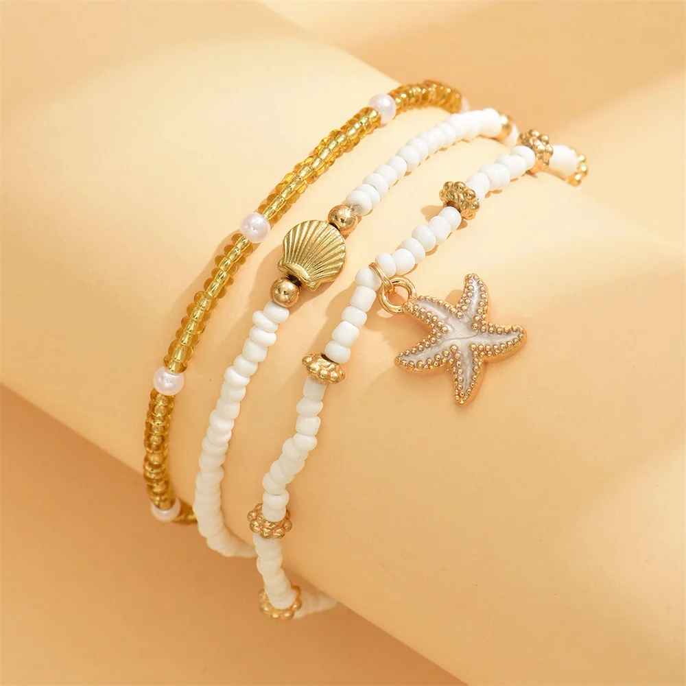 Cute Starfish Shell Rice Bead Multilayer Anklets For Women Gold Color Foot Chain Ankle Bracelet Beach Jewelry Summer Accessories