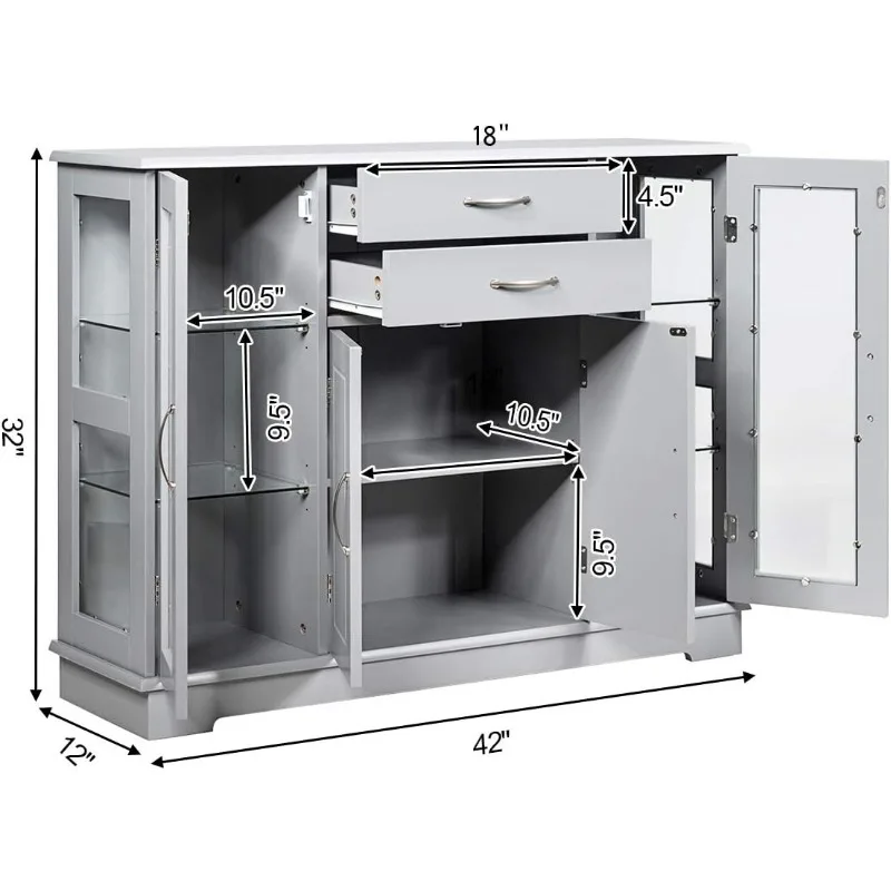 Sideboard Storage cabinet with 2 drawers,3 cabinets and glass doors for kitchen and dining room furniture,cupboards consoles
