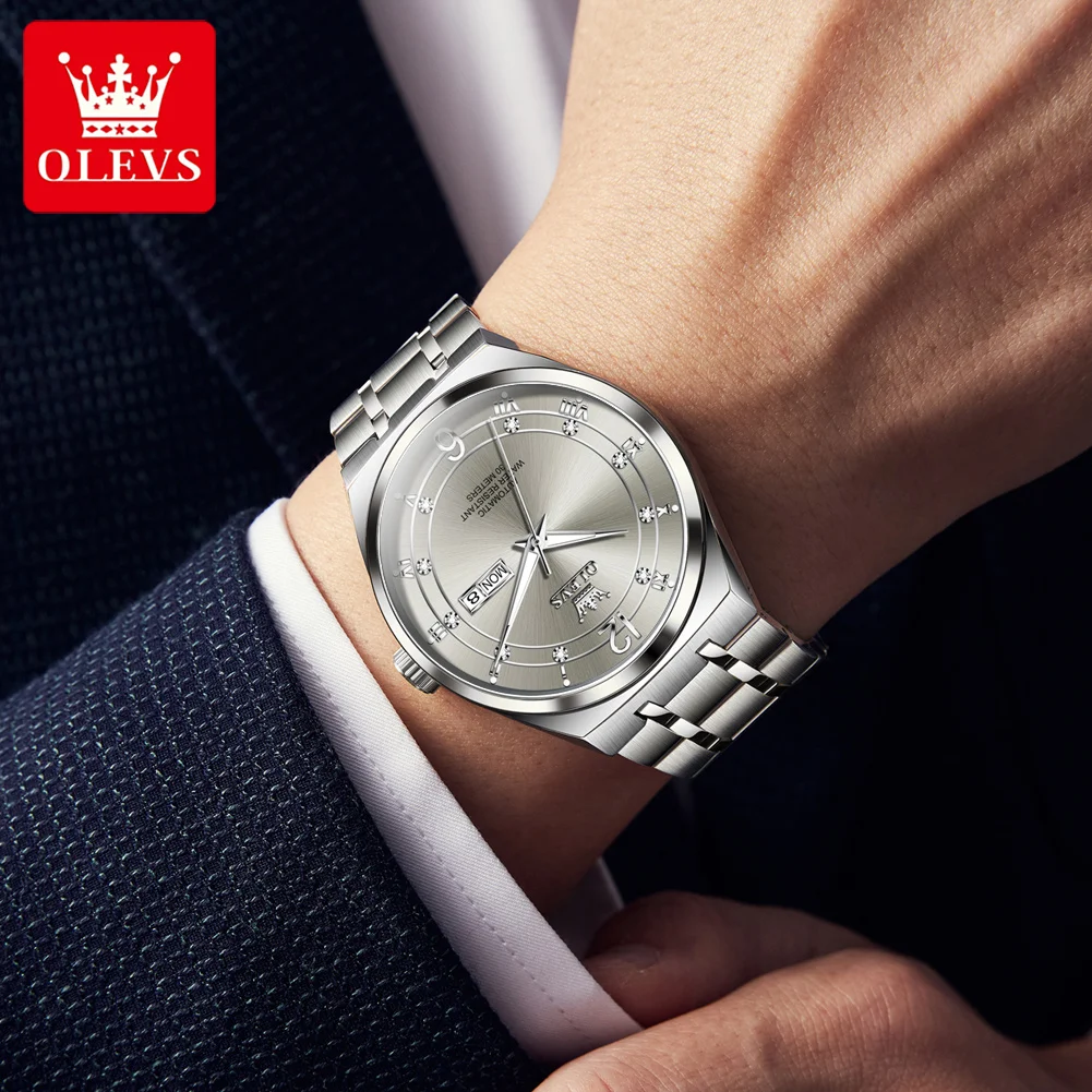 OLEVS 7068 Automatic Watch For Men Dual Calendar Business Mechanical Wristwatch Stainless Steel Waterproof Fashion Man Watches