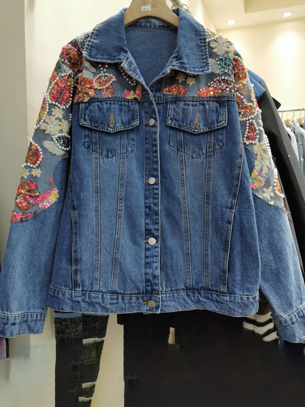 2022-new-women's-vintage-denim-jacket-color-sequin-lapel-pocket-long-sleeve-cardigan-top-street-casual-jacket