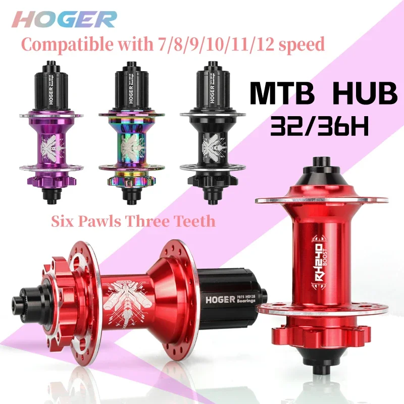 Mountain bicycle hubs HOGER MTB HUB Front Rear 32 36 Holes QR Thru-axle Exchange HG Mountain Bike Disc Brake Bicycle Hub 7-12S 120 Click Hub 6 Bearing