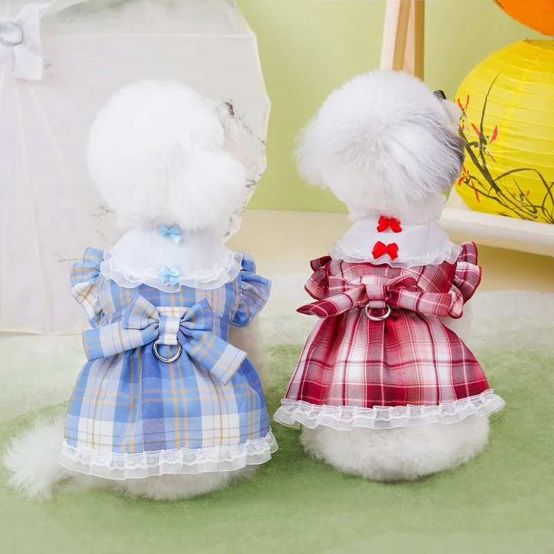 Dog Clothes Dog Costume Cat Clothes Plaid Skirt Princess Skirt with Bow for Small Dogs Cute Lace Lace Cat