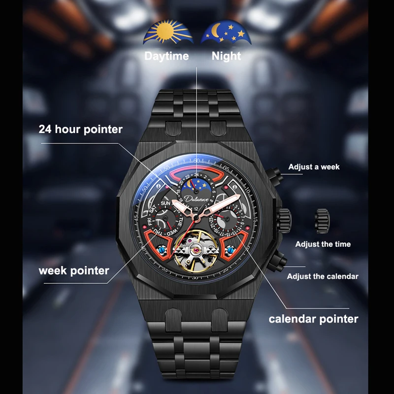Luxury Tourbillon Watches Men Fashion Sport Rubber Strap Moon Phase Date Waterproof Automatic Mechanical Wrist Watch Man Reloj mechanical watch