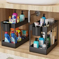 Panier de rangement coulissant à deux niveaux sous évier, organisateur multi-usage avec crochets et porte-gobelets, gain de place pour salle de bain et cuisine 4