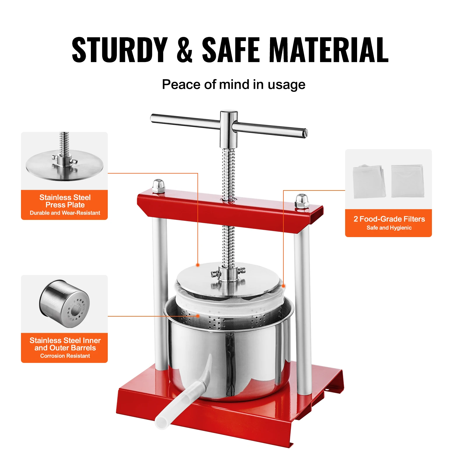 VEVOR Fruit Wine Press, 1.6 Gallon/6L, 2 Stainless Steel Barrels, Manual Juice Maker, w/ T-Handle for Outdoor, Kitchen, and Home 4