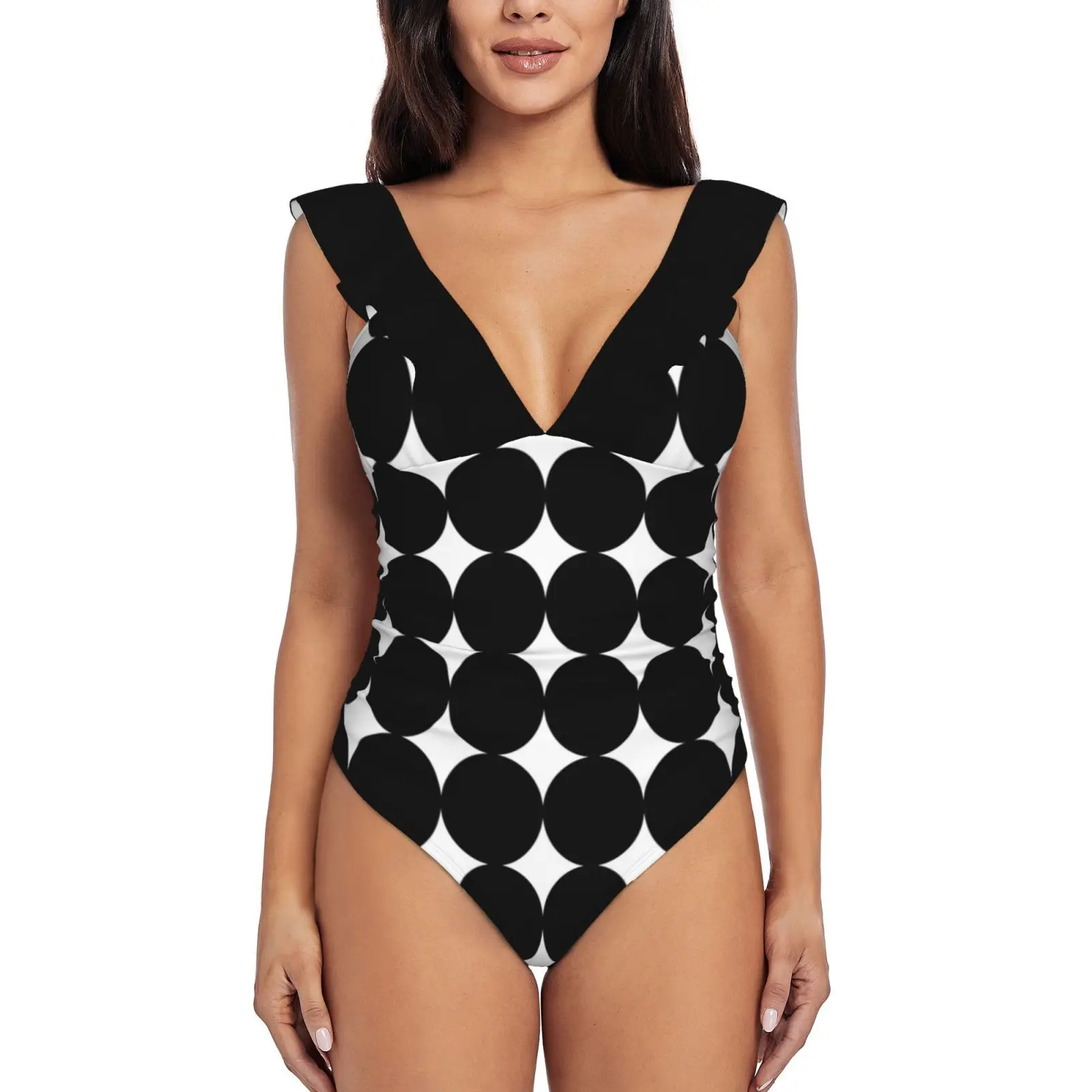 

Женский слитный купальник, монокини в стиле ретро 1960-х годов с контрастными кругами и оборками, пляжная одежда черного цвета