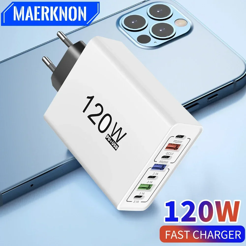 USB C Phone Charger 120W Multi Ports Fast Charging Type C Wall Charger Adapter For iPhone 15 16 Samsung Xiaomi Huawei EU/US Plug