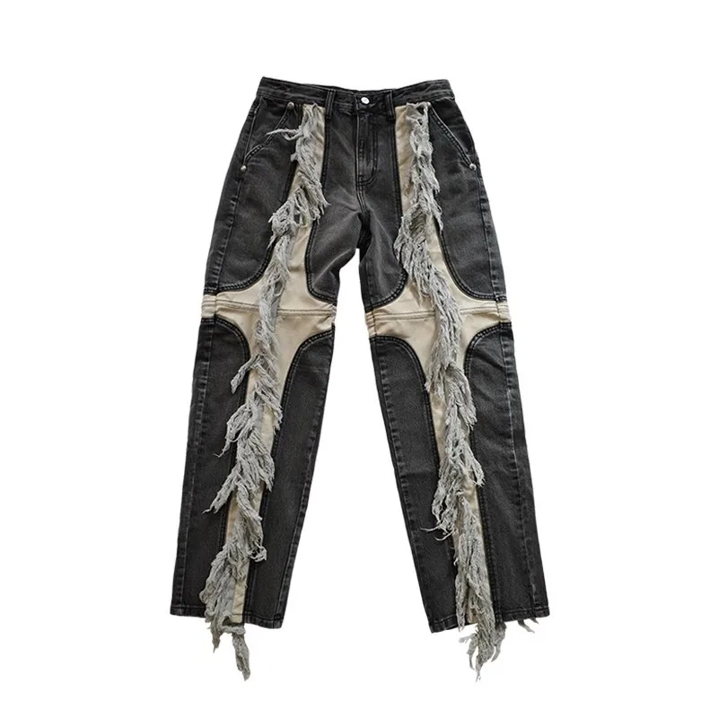 2024 New Blue Tassels Thug Club Tag Denim Zipper Slim Fit Straight PANT Jeans Cotton Denim Pants Casual Jeans Size 1 2 3 #N197 5