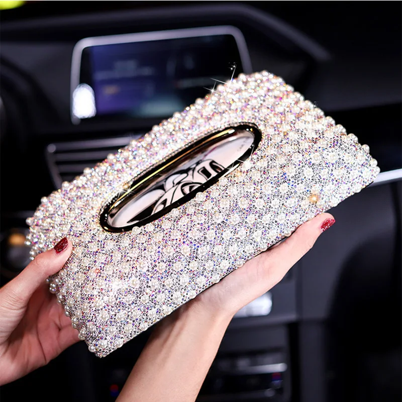 Luxury Car Tissue Box Pearls Diamond Seat Type Tissue Holder Sparkling Napkin Holder Bling Paper Cover Case  거실 수납장  블랙박스 4