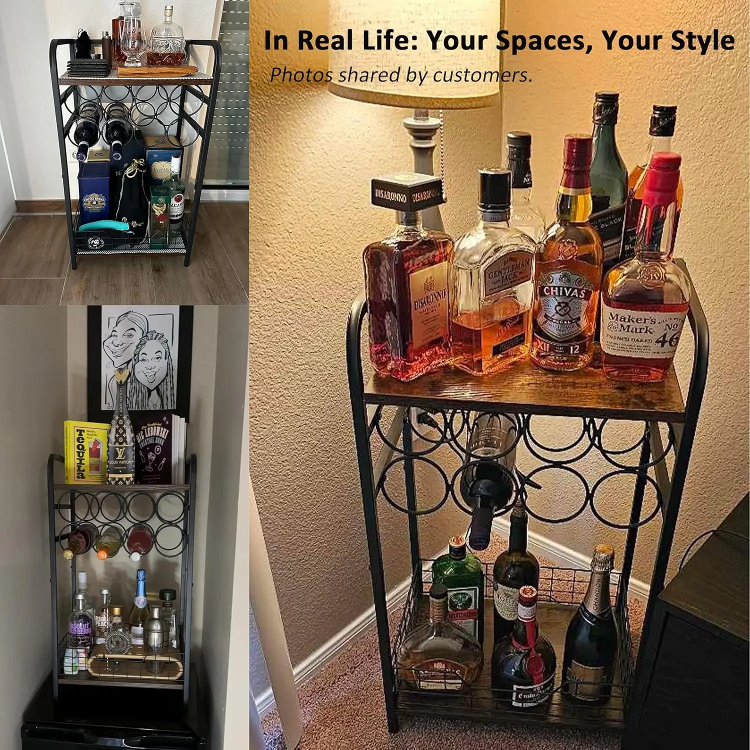 3-Tier Wine Bar Table with 8-Bottle Rack, Mini Cabinet for Whiskey Display and Home Storage