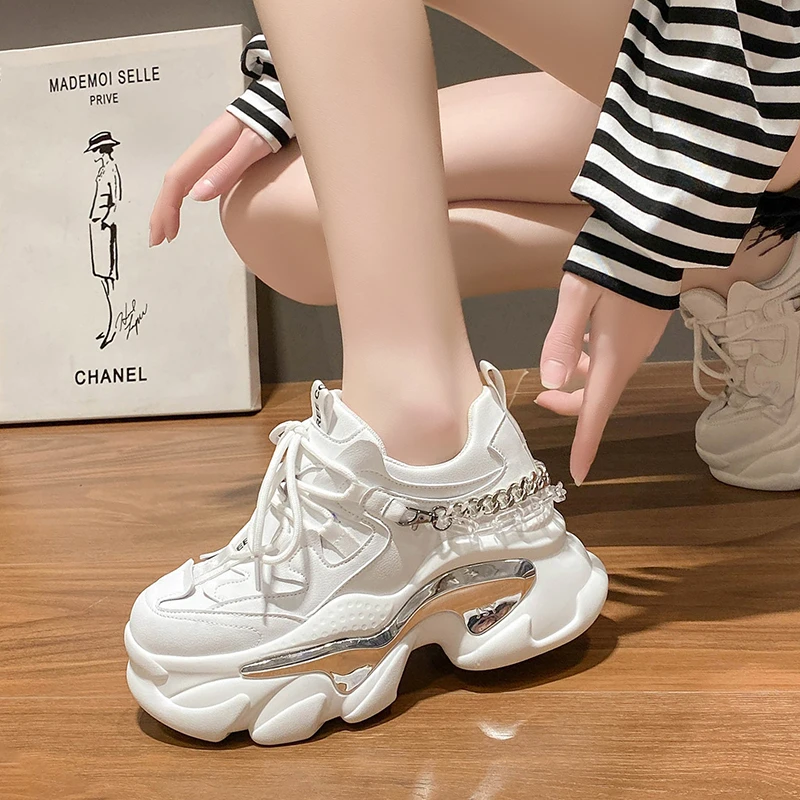 Women Casual Leather Sneakers Wedge Shoes 8CM Hidden Heel Chunky Sneakers  Black White Chain Platform Vulcanized Shoes For Woman - AliExpress