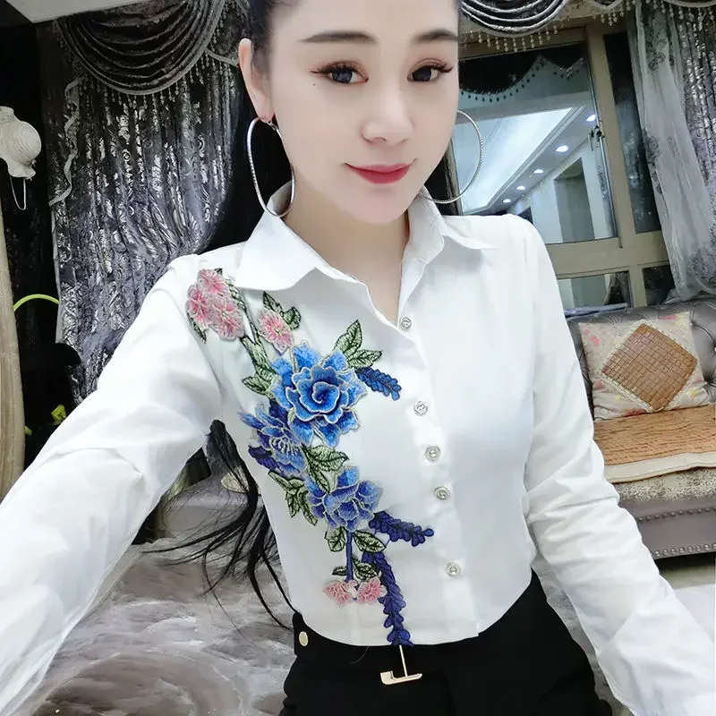 블라우스 여성 가을 ??겨울 수 놓은 긴팔 셔츠 여성 대형 탑 Blusas Mujer De Moda
