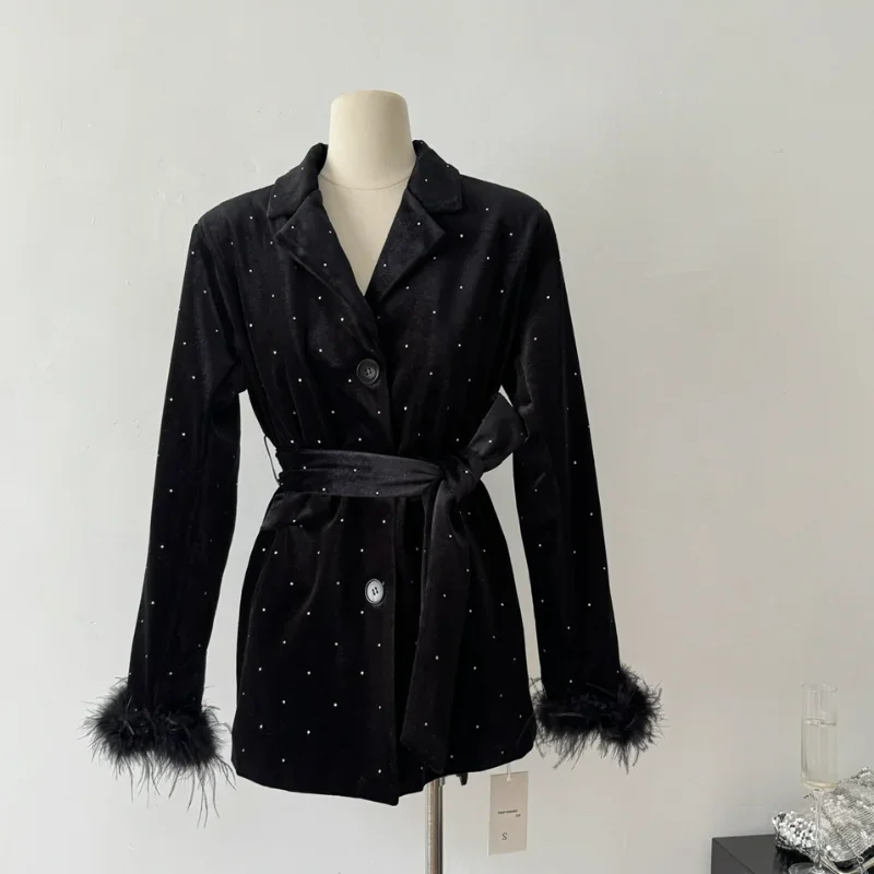 Flash Diamond Velvet Ostrich Feather Suit Jacket Women's Autumn  Winter Fashion Casual French High Street Quilted  Black Suits