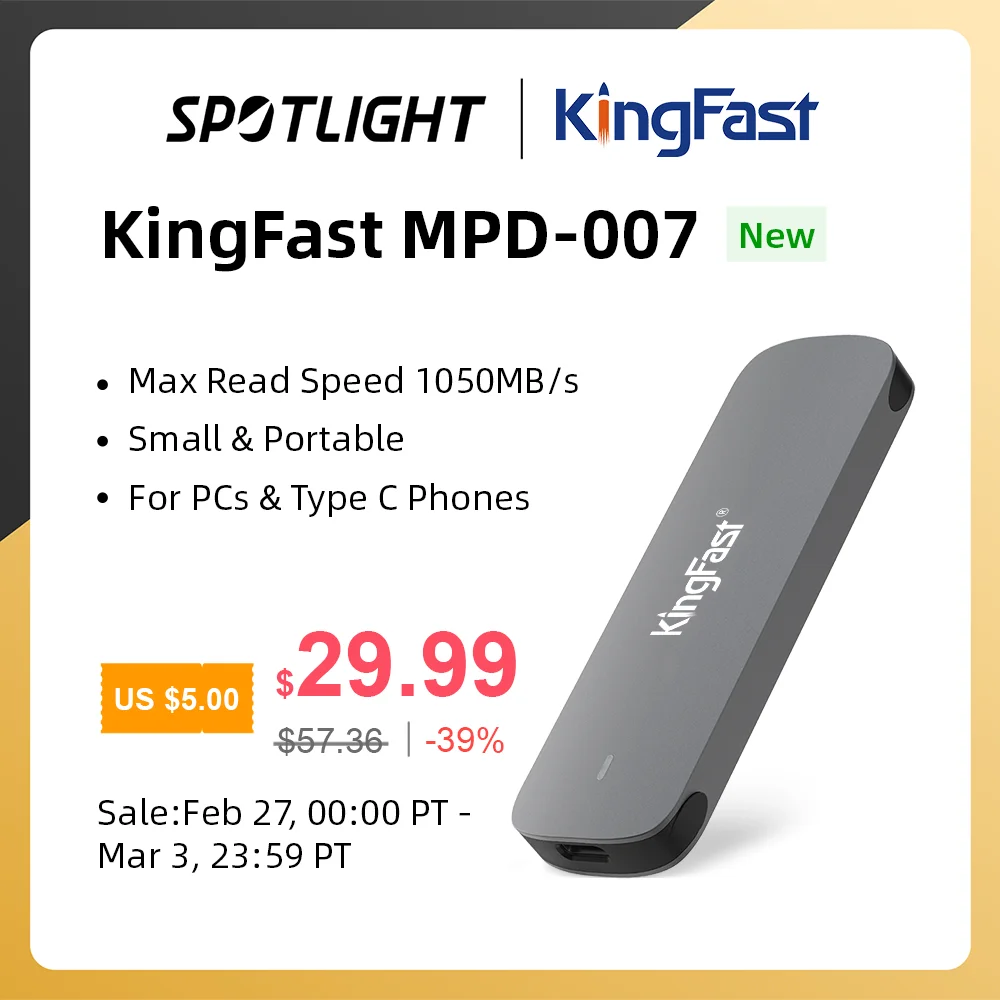  KingFast External SSD 1TB 2TB 240GB 480GB External Hard Drive USB 3.2 Type C Mini Portable Solid State Drive for Laptop PS4 Xbox 