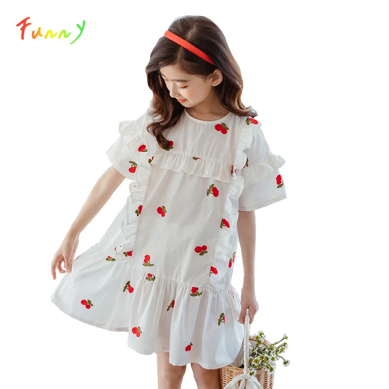 cutest baby dresses Embroidery Teen Girls Dress Cherry Patterns Half Sleeve Ruffles Cotton Summer Dress Children Clothes 6 8 10 12 14 Years baby boy dress