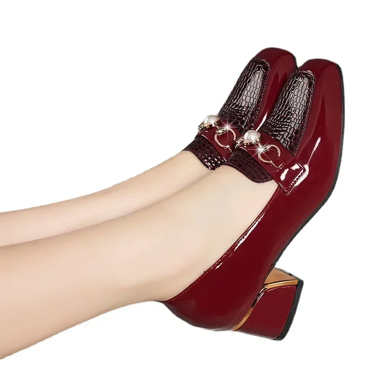 Women Pearl Pumps Luxury Black Patent Leather High Heels Fashion Square Toe Block Heel Thin Shoes Office Lady Slip-on Work Shoes,women pumps shoes