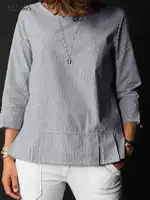 ZANZEA Stylish Women O Neck 3/4 Sleeve Blouse Autumn Striped Shirt Elegant Ruffles Work Blusas Casual Holiday Tops Tunic Chemise