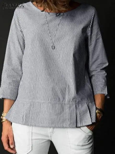 ZANZEA Stylish Women O Neck 3/4 Sleeve Blouse Autumn Striped Shirt Elegant Ruffles Work Blusas Casual Holiday Tops Tunic Chemise