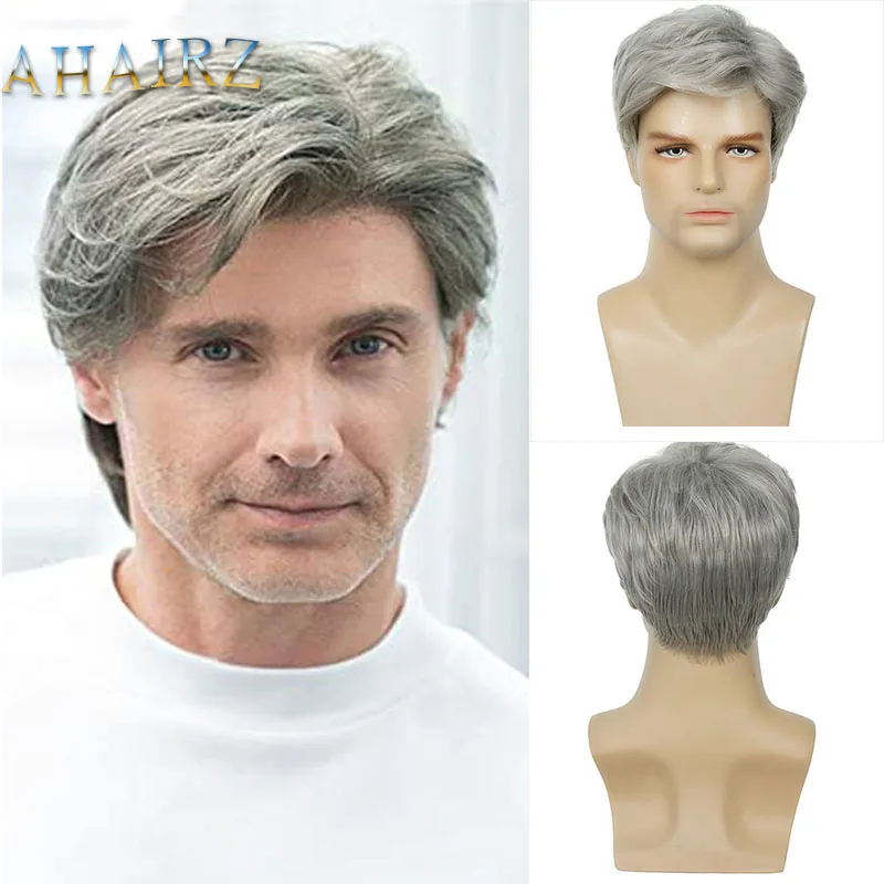 

Synthetic Man's Short Wig Trendy Ombre Gray White Wig with Bangs Natural Soft Breathable Layered Wig for Male Daily Cosplay