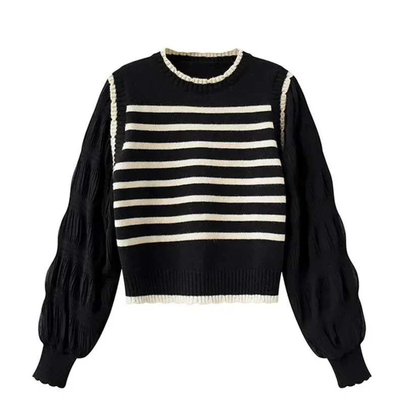 

Soft Glutinous Sweater Female Spring and Autumn Korean Women Pullover Black and White Striped Fake Two-piece Knitted Sweater
