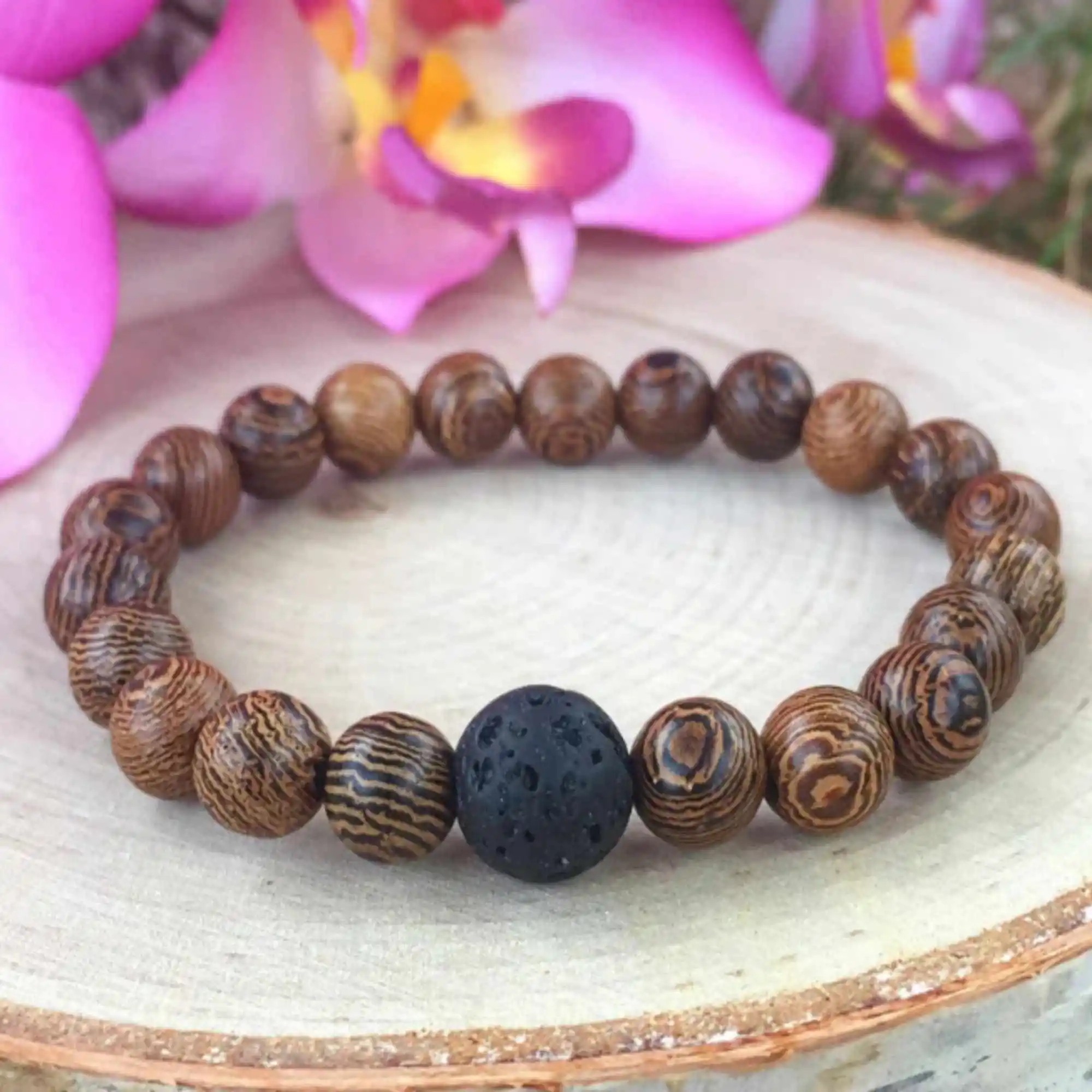 

8mm Natural black lava gemstone detailed wood beads Bracelet Elegant Lucky Emotional All Saints' Day Seven Chakras Fancy Chakra