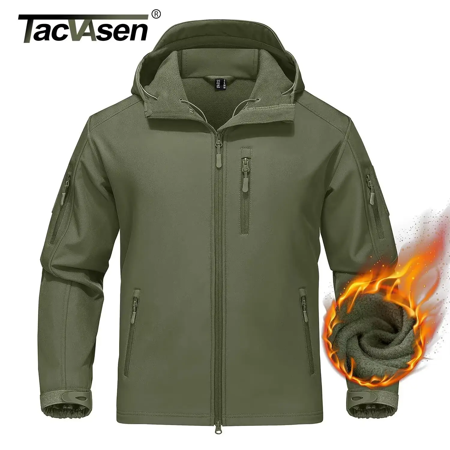 TACVASEN 남성용 방수 양털 안감 재킷, 지퍼 포켓 포함, 야외 소프트쉘 후드 하이킹 작업 재킷, 코트 바람막이