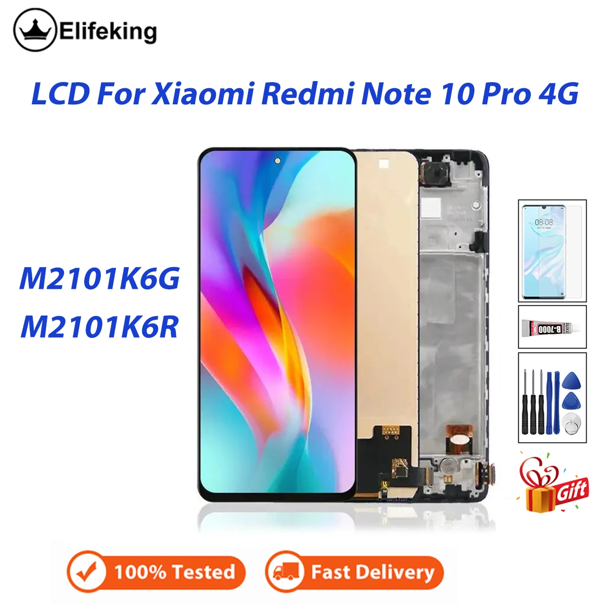 

ЖК-дисплей для Xiaomi Redmi Note 10 Pro 4G M2101K6G M2101K6R, дисплей с сенсорным экраном и дигитайзером в сборе, замена с бесплатными инструментами