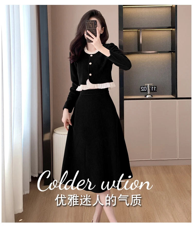 Autumn Winter Corduroy Two-piece Skirt Set Women Long Sleeve Ruffles O-neck Top Solid Midi Skirt Korean Fashion Outfits New