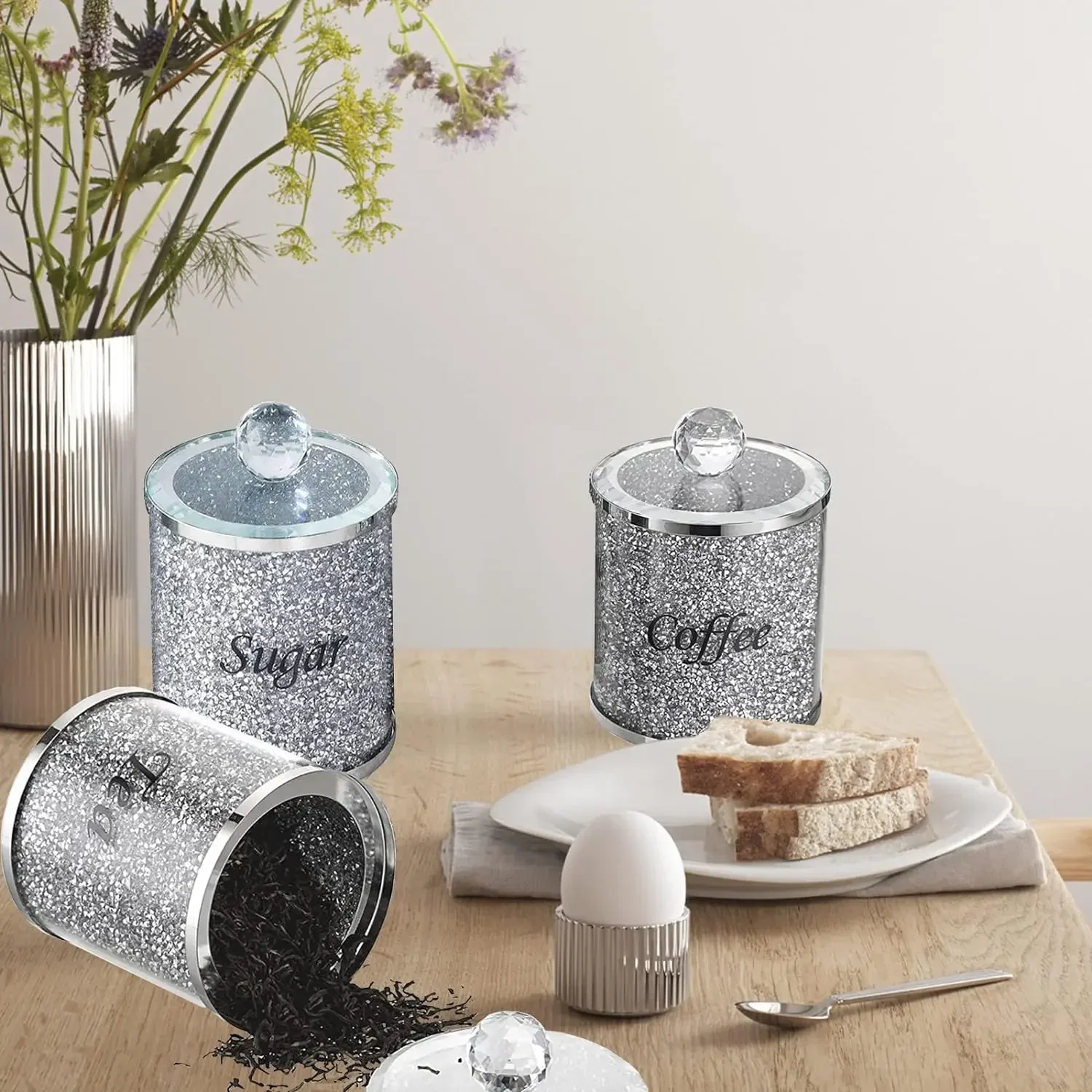 Crystal Coffee Sugar Tea Canister Set 3PCS Glass Crushed Diamonds Storage Container Set with Label & Lid Kitchen Decorative Jars 4