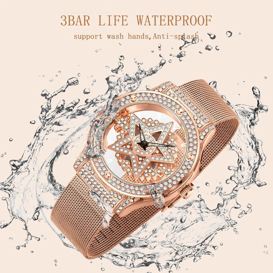 LIGE Fashion Women Watch Luxury Hollow Diamond Watch for Ladies Elegant Bracelet Wristwatch Stars-Face Quartz Waterproof Watches