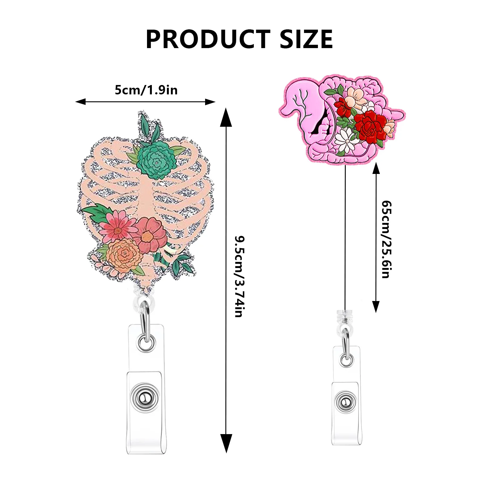 Acrylic Glitter Organ Bone Lung Brain Heart Retractable Clip Id Card Buckle Badge Clip Nurse Badge Reel Bag Accessories