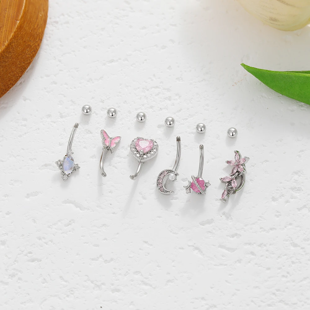 New 6pcs/set Silver Color Pink Love Heart Crystal Punching Navel Piercing Mini Butterfly Cherry Blossom Flower Moon Body Jewelry